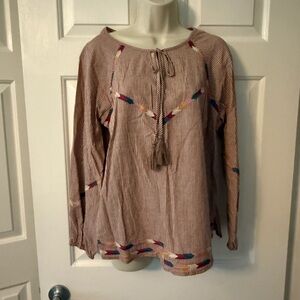 Savanna Jane Beige Striped Blouse with Colorful Accents